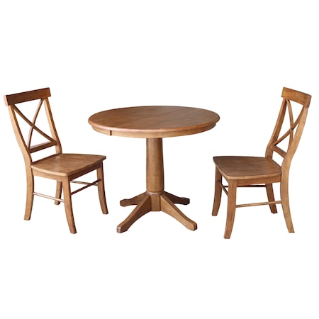 International Concepts Round 36 in Round Extension Dining Table with 2 X-Back Stools, Distressed Oak, 36 in W, 48 in L K42-36RXT-27B-C613-2